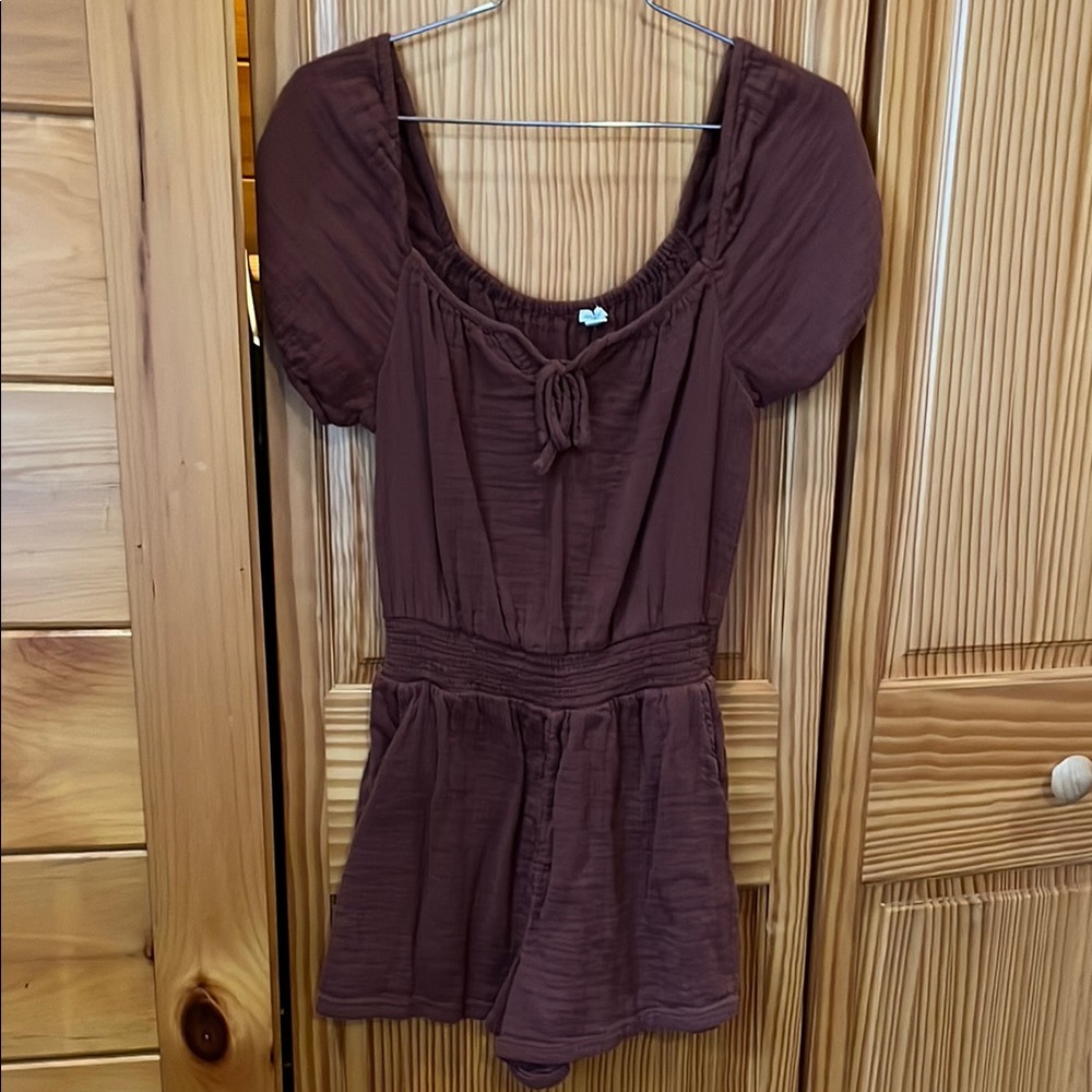 Aerie Brown Smocked Bodysuit with Scoop Neck and Puff Sleeves
